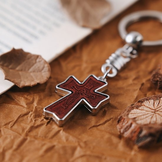 Breloc religios cruce din lemn cu figurina Isus, breloc crestin cu inel metalic pentru chei, accesoriu spiritual compact [2]