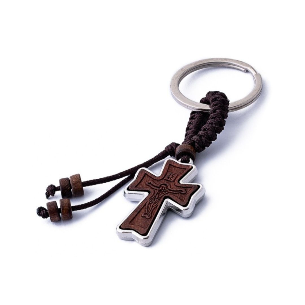Breloc religios cu cruce din lemn si figurina Isus, breloc crestin cu rama metalica, accesoriu chei sau rucsac, design compact 3 cm [3]