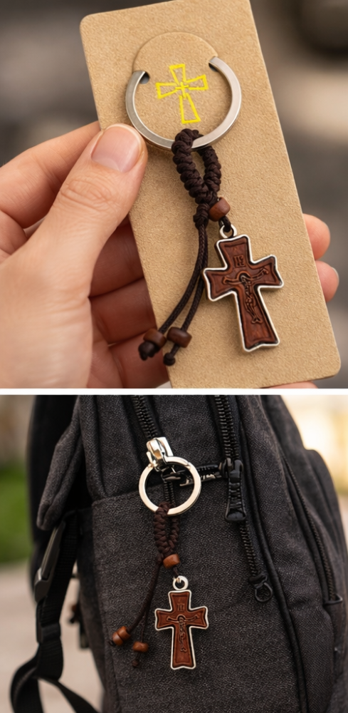 Breloc religios cu cruce din lemn si figurina Isus, breloc crestin cu rama metalica, accesoriu chei sau rucsac, design compact 3 cm [2]