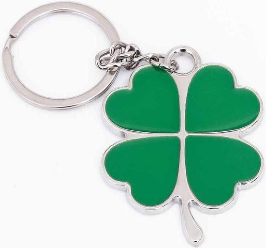 Breloc trifoi cu patru foi verde, metalic, 10.5 cm, inel 2.5 cm, simbol noroc, accesoriu chei [7]
