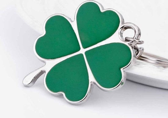 Breloc trifoi cu patru foi verde, metalic, 10.5 cm, inel 2.5 cm, simbol noroc, accesoriu chei [5]