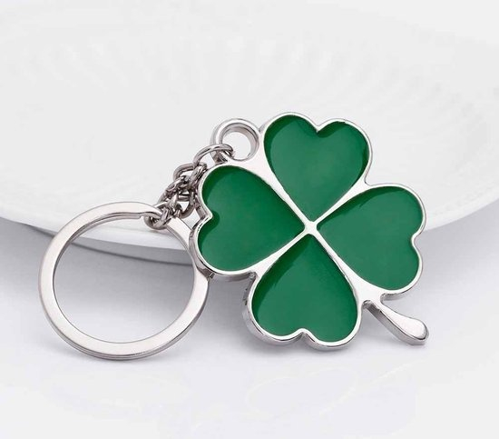 Breloc trifoi cu patru foi verde, metalic, 10.5 cm, inel 2.5 cm, simbol noroc, accesoriu chei [3]
