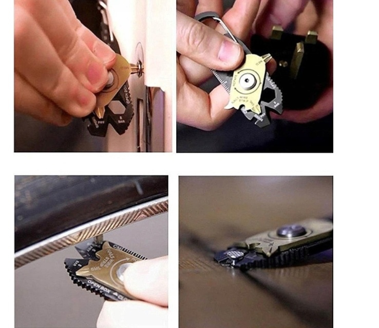 Breloc unealta multifunctionala 20 in 1, din otel inoxidabil, design tip carabina, 8 x 2.5 cm – instrument compact pentru uz zilnic, camping, drumetii si reparatii [9]