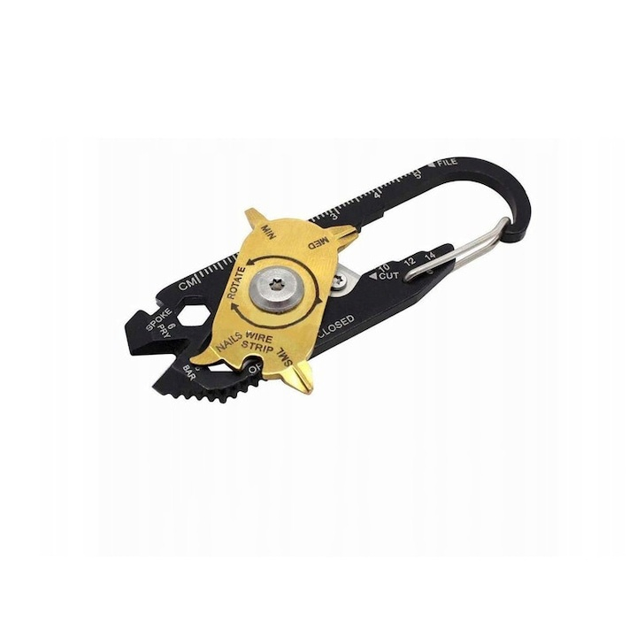 Breloc unealta multifunctionala 20 in 1, din otel inoxidabil, design tip carabina, 8 x 2.5 cm – instrument compact pentru uz zilnic, camping, drumetii si reparatii [8]