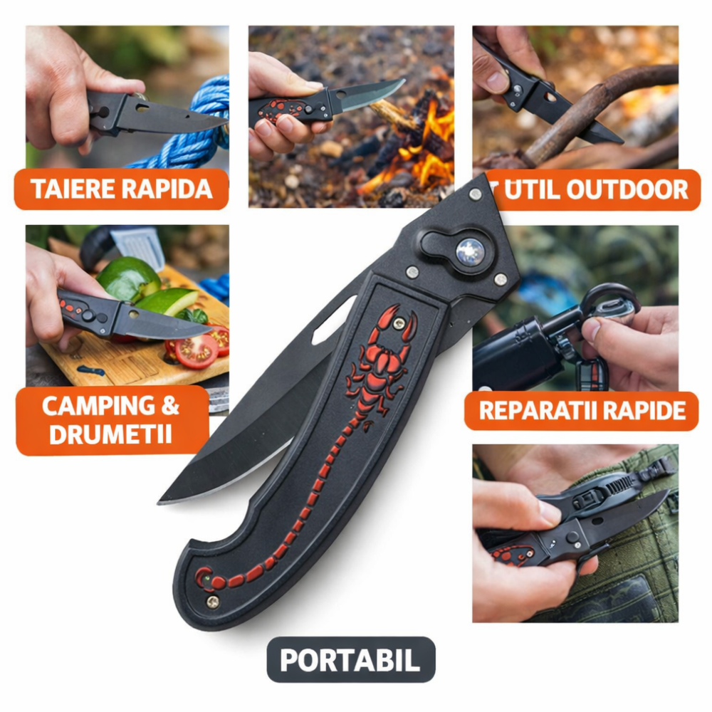 Briceag de buzunar cu deschidere rapida pe buton, lama inox curbata, sistem prindere curea tip scorpion, 20 cm, negru [2]