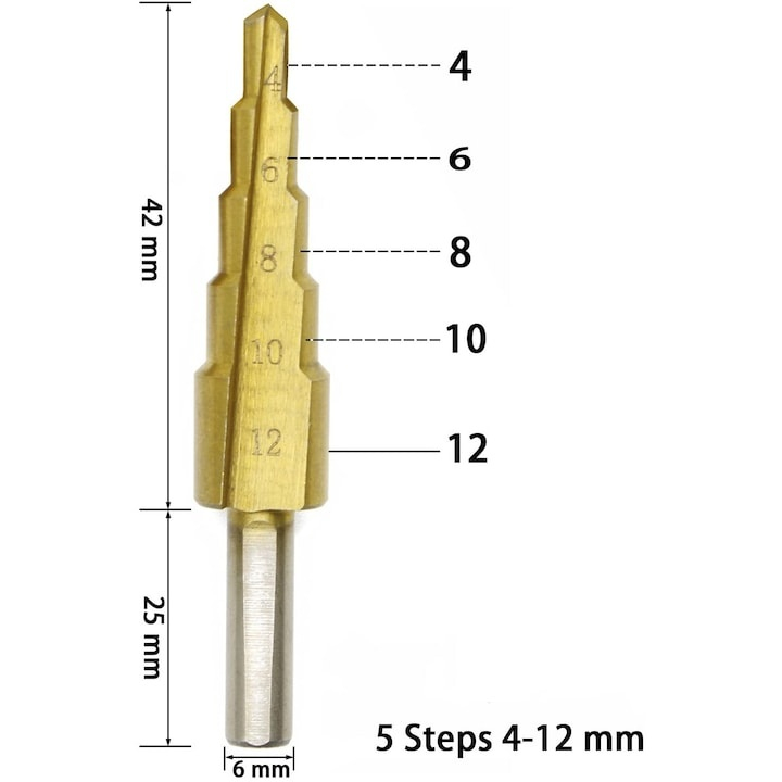 Burghiu conic in trepte 4-12 mm, 5 trepte, HSS 4241 cu acoperire titan, pentru metal, aluminiu, lemn si plastic, gaurire precisa si debavurare [2]