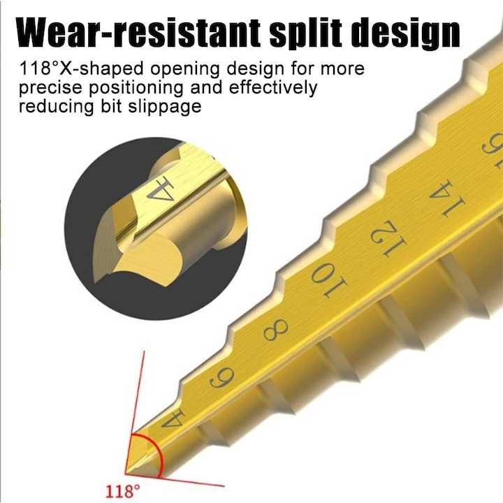 Burghiu conic in trepte 4-20 mm, 9 trepte, HSS 4241 acoperire titan, pentru metal, aluminiu, lemn si plastic, gaurire precisa si debavurare [5]