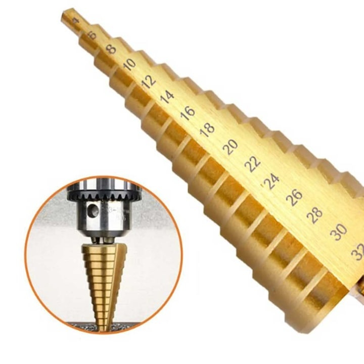 Burghiu conic in trepte 4-32 mm, 15 trepte, HSS 4241 acoperire titan, pentru metal, aluminiu, lemn, plastic si alama, gaurire precisa si debavurare [3]