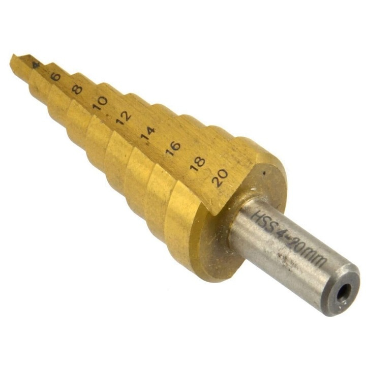 Burghiu conic in trepte, acoperit cu titan, din otel, 4-20 mm