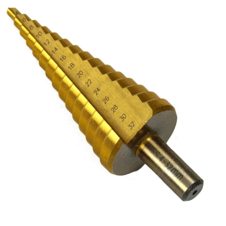 Burghiu conic in trepte, acoperit cu titan, din otel, 4-32 mm