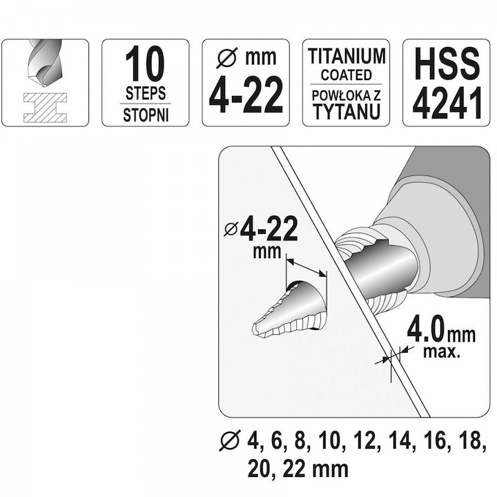 Burghiu in trepte 4-22 mm, Yato, auriu [3]