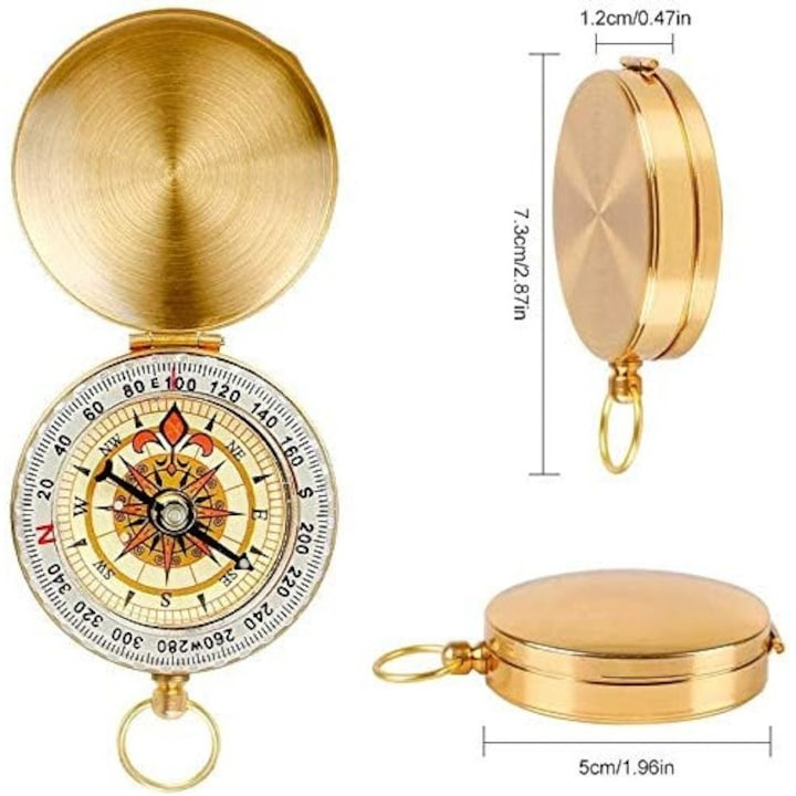 Busola de buzunar pentru camping, din metal, aliaj de cupru, suport de agatare, auriu [6]