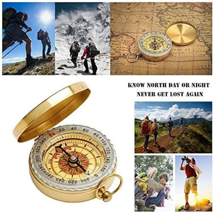Busola de buzunar pentru camping, din metal, aliaj de cupru, suport de agatare, auriu [4]