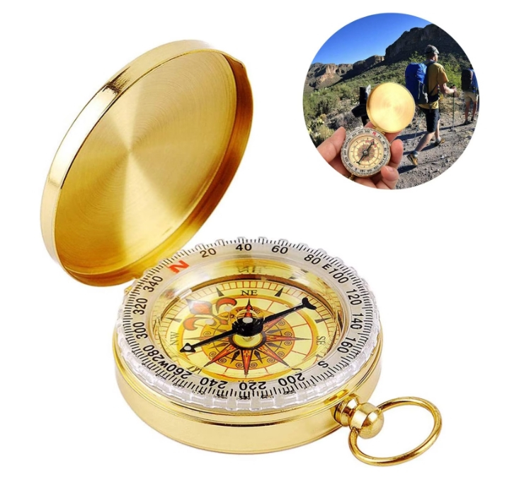 Busola din alama vintage aurie cu capac oglinda, fosforescenta, diametru 4.9 cm, cu inel pentru agatare [2]