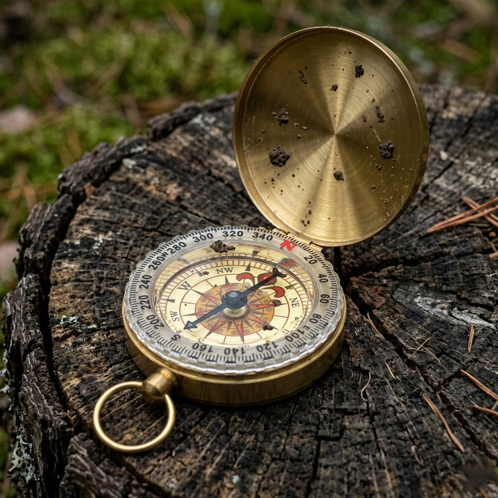 Busola din alama vintage aurie cu capac oglinda, fosforescenta, diametru 4.9 cm, cu inel pentru agatare [5]