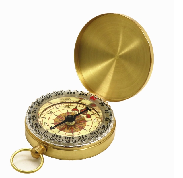 Busola din alama vintage aurie cu capac oglinda, fosforescenta, diametru 4.9 cm, cu inel pentru agatare [1]