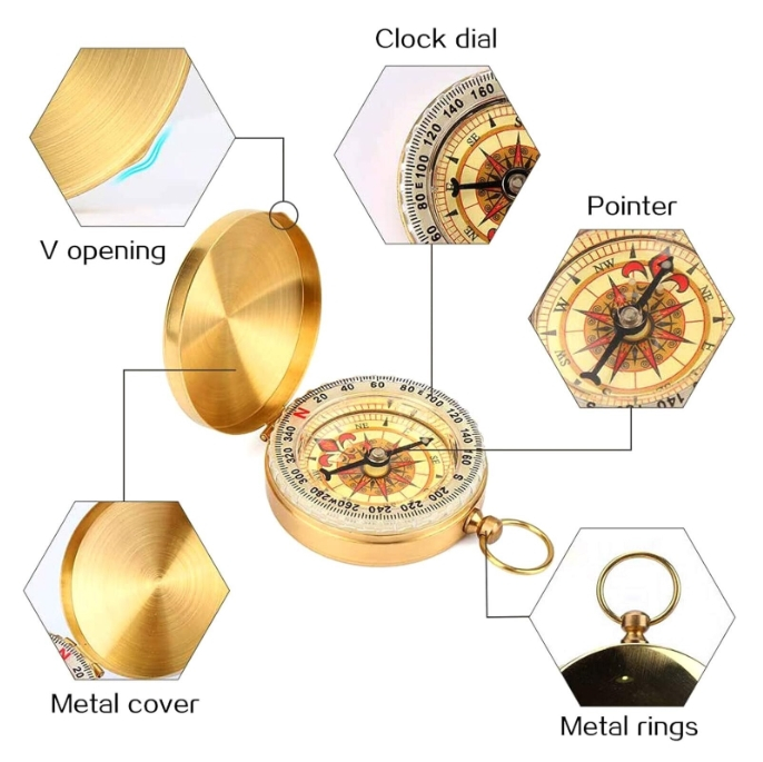 Busola din alama vintage aurie cu capac oglinda, fosforescenta, diametru 4.9 cm, cu inel pentru agatare [3]