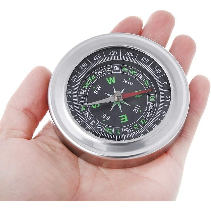 Busola metalica compacta pentru drumetii, cu cadran gradat si carcasa rezistenta, diametru 7.5 cm, argintiu [4]