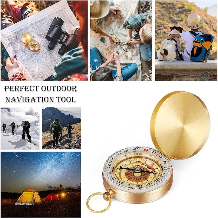 Busola portabila cupru rotire 360°, impermeabila, functie fluorescenta, design retro breloc, pentru camping drumetii si orientare, aurie [6]