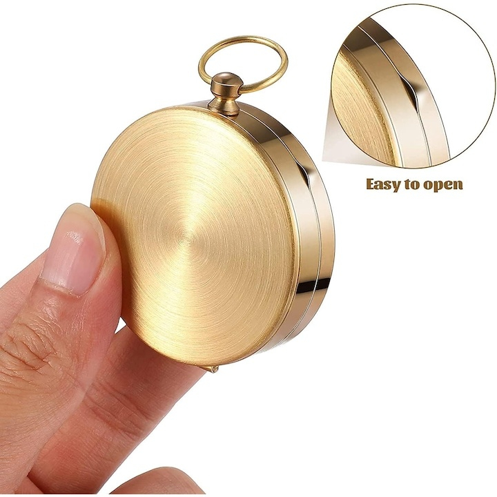 Busola portabila cupru rotire 360°, impermeabila, functie fluorescenta, design retro breloc, pentru camping drumetii si orientare, aurie [5]