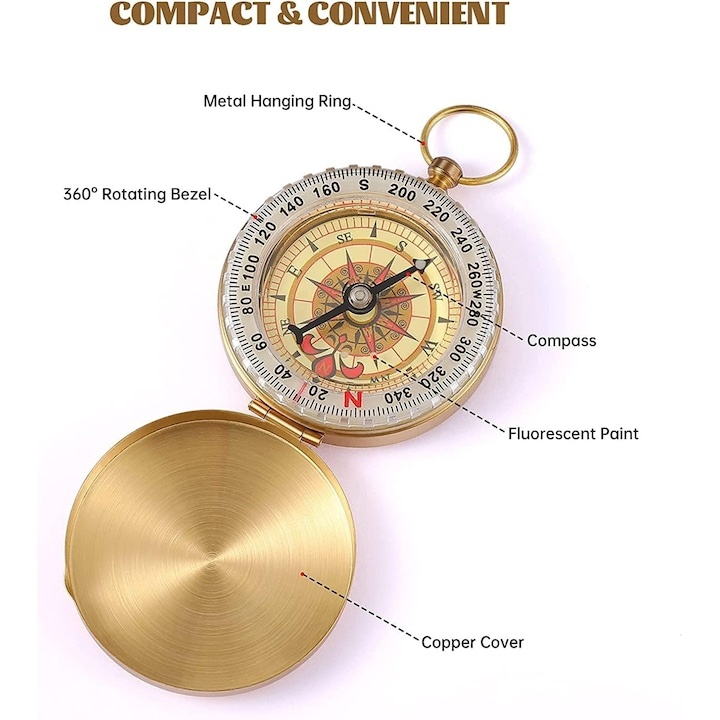 Busola portabila cupru rotire 360°, impermeabila, functie fluorescenta, design retro breloc, pentru camping drumetii si orientare, aurie [2]