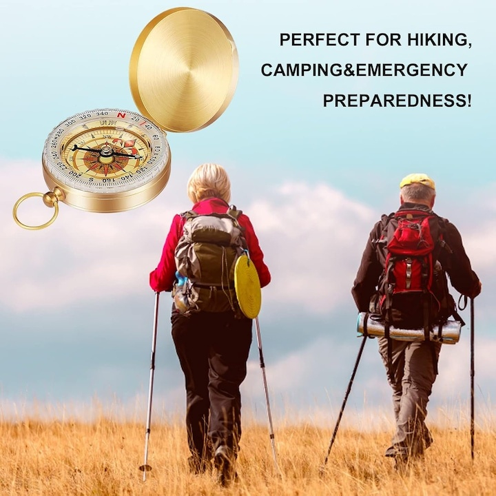 Busola portabila cupru rotire 360°, impermeabila, functie fluorescenta, design retro breloc, pentru camping drumetii si orientare, aurie [8]