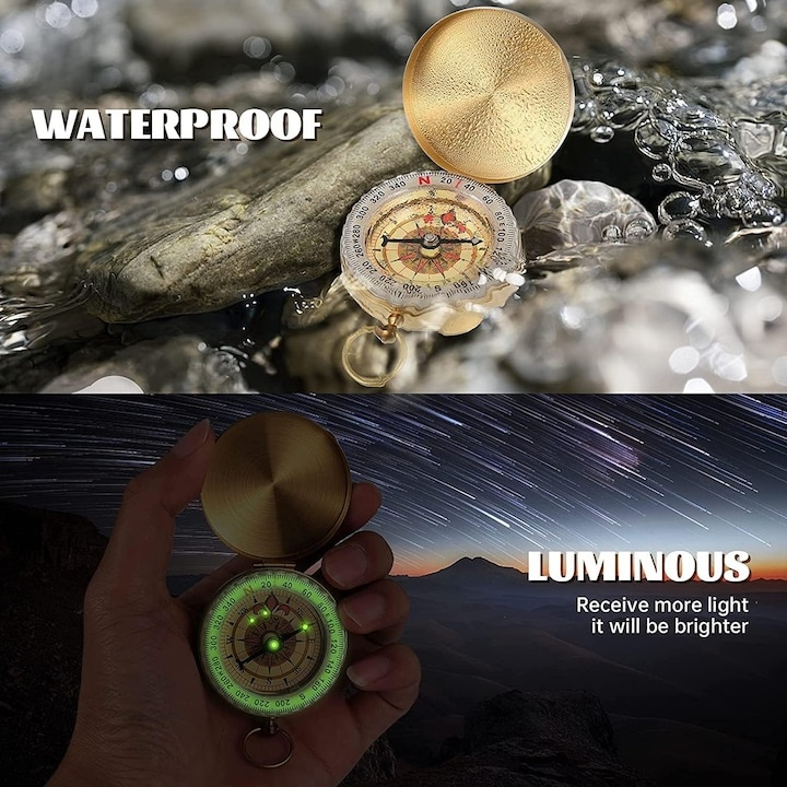 Busola portabila cupru rotire 360°, impermeabila, functie fluorescenta, design retro breloc, pentru camping drumetii si orientare, aurie [4]