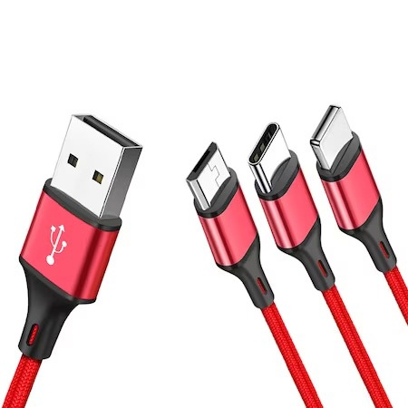 Cablu incarcare rapida telefon 3in1,micro USB,type C,iphone,lungime 115 cm - Rosu [2]