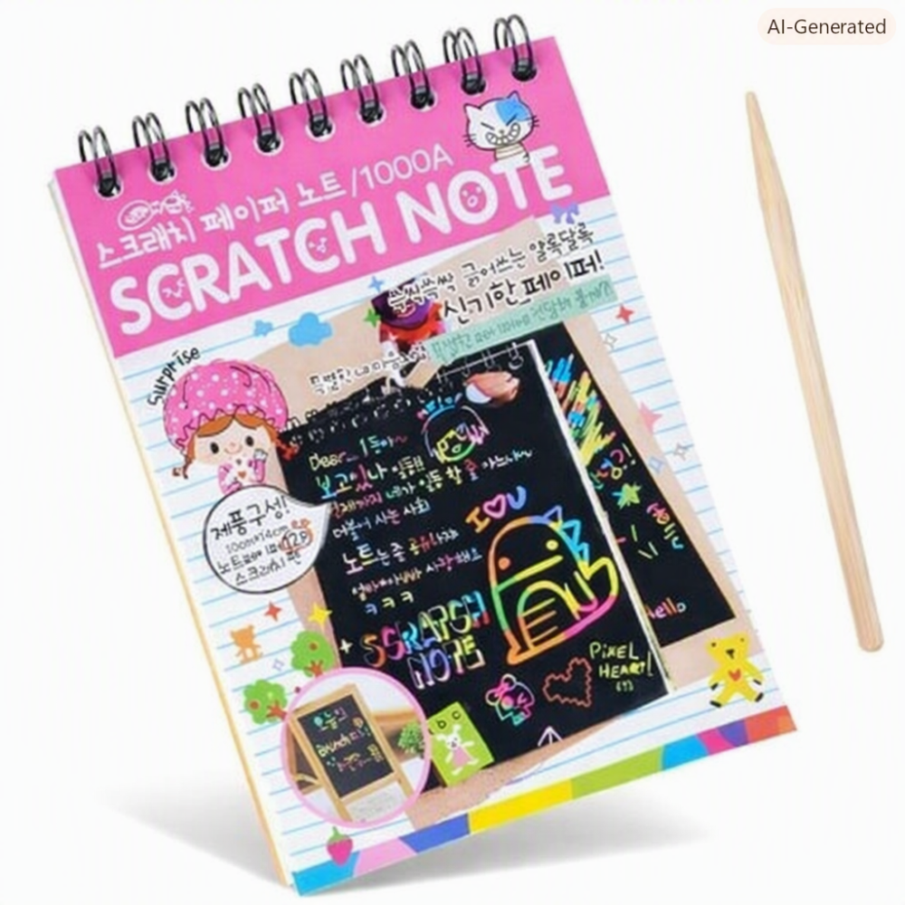 Caiet creativ cu file razuibile, Roz deschis, 14.2 x 9.8 cm, Scratch Art Rainbow, 12 file, cartoane negre, creion din lemn inclus pentru desen si joaca [2]