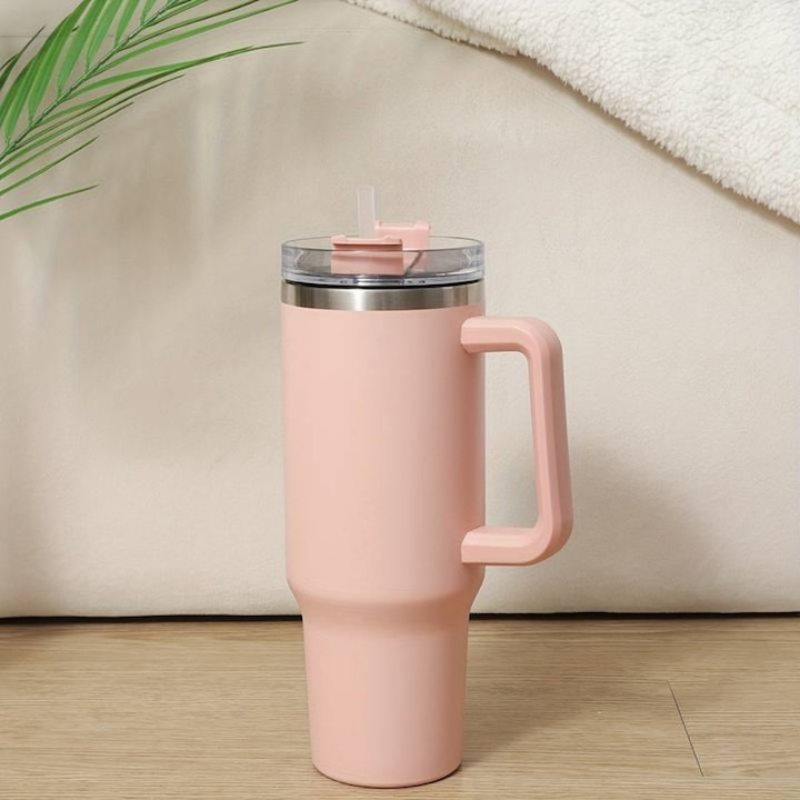 Cana termos, cu pai, otel inoxidabil, plastic fara BPA, 1200 ml, pentru bauturi calde si reci, roz [13]