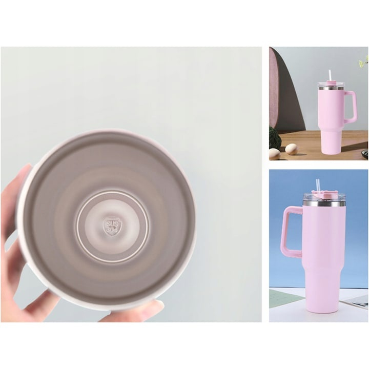 Cana termos, cu pai, otel inoxidabil, plastic fara BPA, 1200 ml, pentru bauturi calde si reci, roz [15]