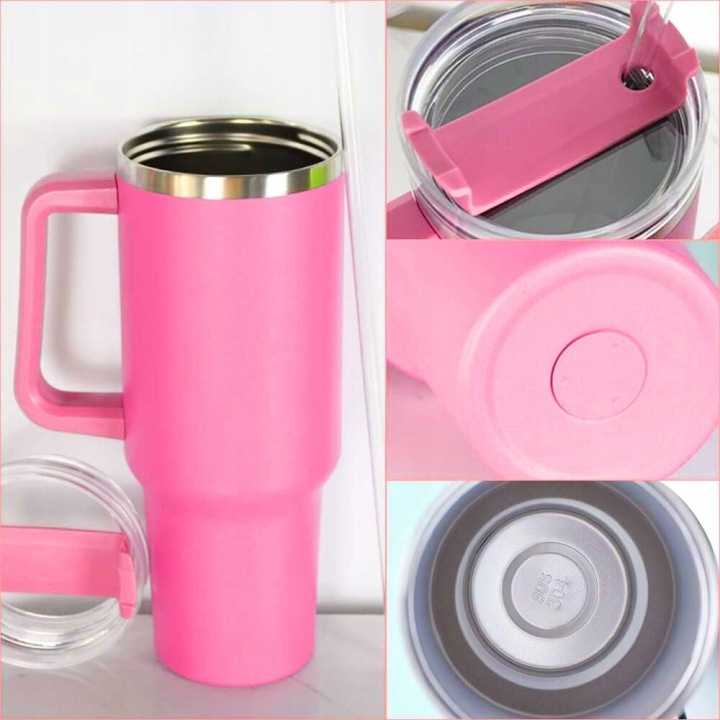 Cana termos, cu pai, otel inoxidabil, plastic fara BPA, 1200 ml, pentru bauturi calde si reci, roz [6]