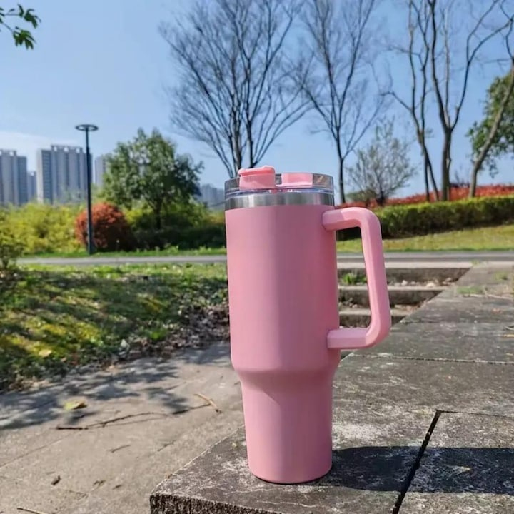 Cana termos, cu pai, otel inoxidabil, plastic fara BPA, 1200 ml, pentru bauturi calde si reci, roz [11]