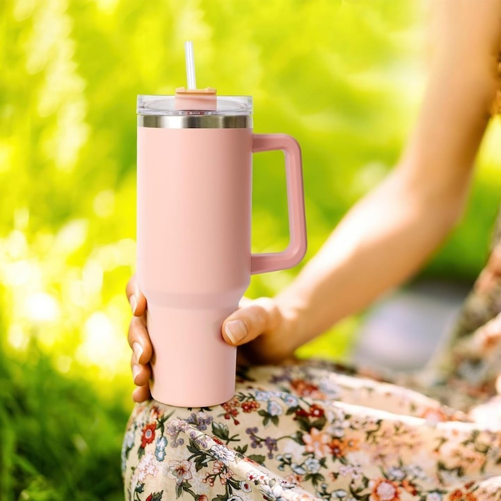 Cana termos, cu pai, otel inoxidabil, plastic fara BPA, 1200 ml, pentru bauturi calde si reci, roz [14]