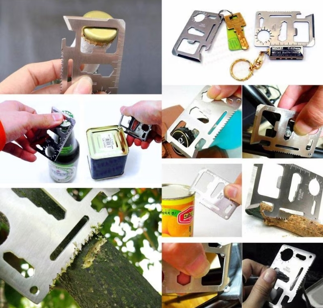 Card din metal inoxidabil, multifunctional, supravietuire si urgente, argintiu, cu husa de protectie [3]