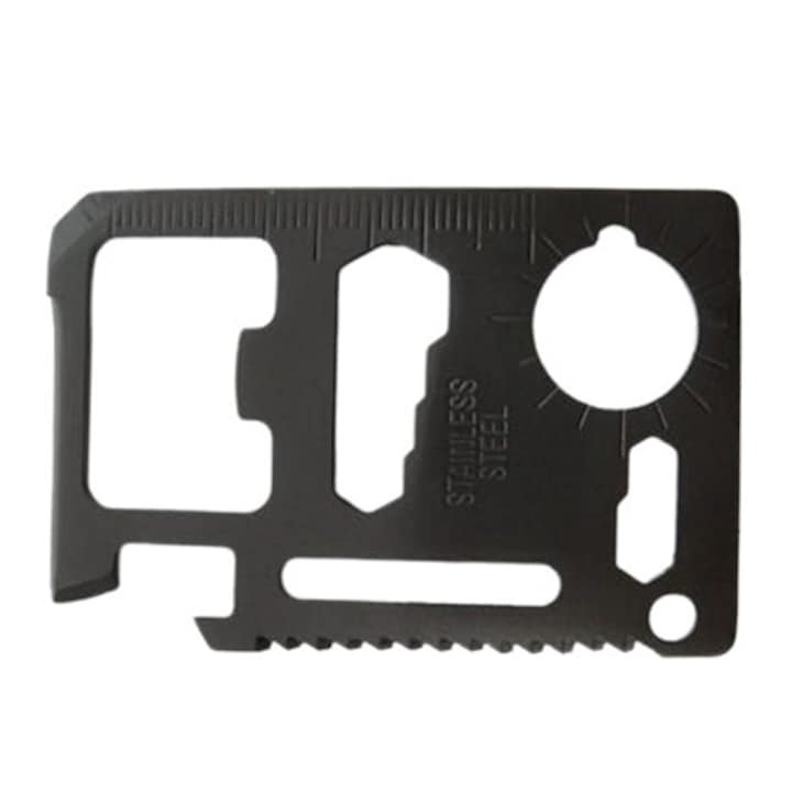 Card multifunctional supravietuire 11 functii, otel dur, portofel EDC, cu husa, compact 70x45 mm, negru [5]