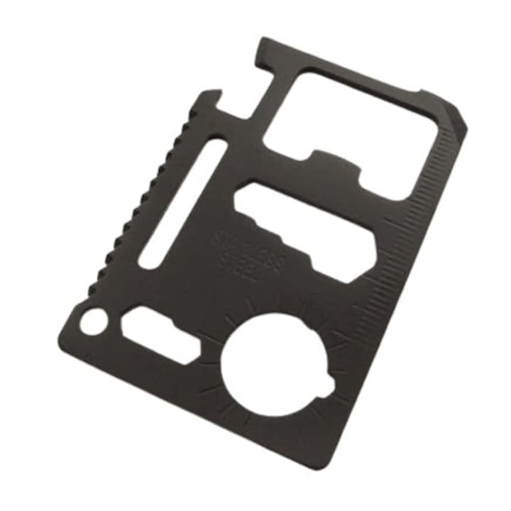 Card multifunctional supravietuire 11 functii, otel dur, portofel EDC, cu husa, compact 70x45 mm, negru [4]
