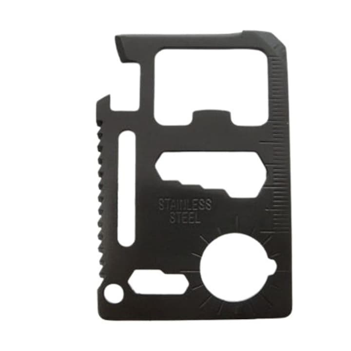 Card multifunctional supravietuire 11 functii, otel dur, portofel EDC, cu husa, compact 70x45 mm, negru [3]