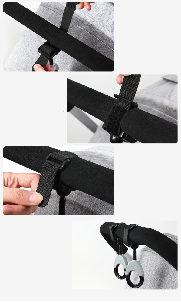 Carlig carucior din plastic cu velcro, rotativ 360°, suport genti si sacose, sarcina maxima 2 kg, gri-negru, 1 buc [4]