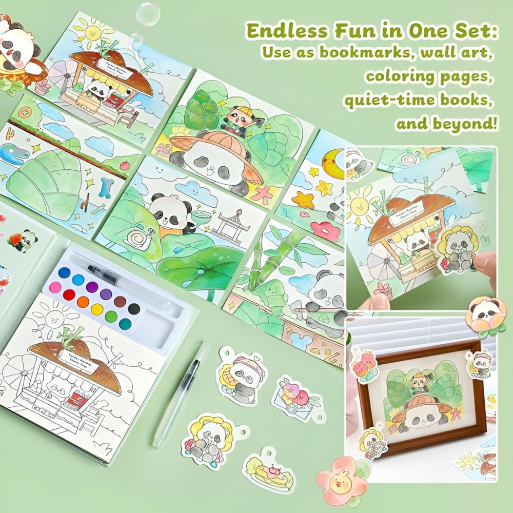 Carte creativa pentru colorare si pictura, model panda, acuarele incorporate 12 culori, pensula cu apa, activitate educativa pentru copii [3]