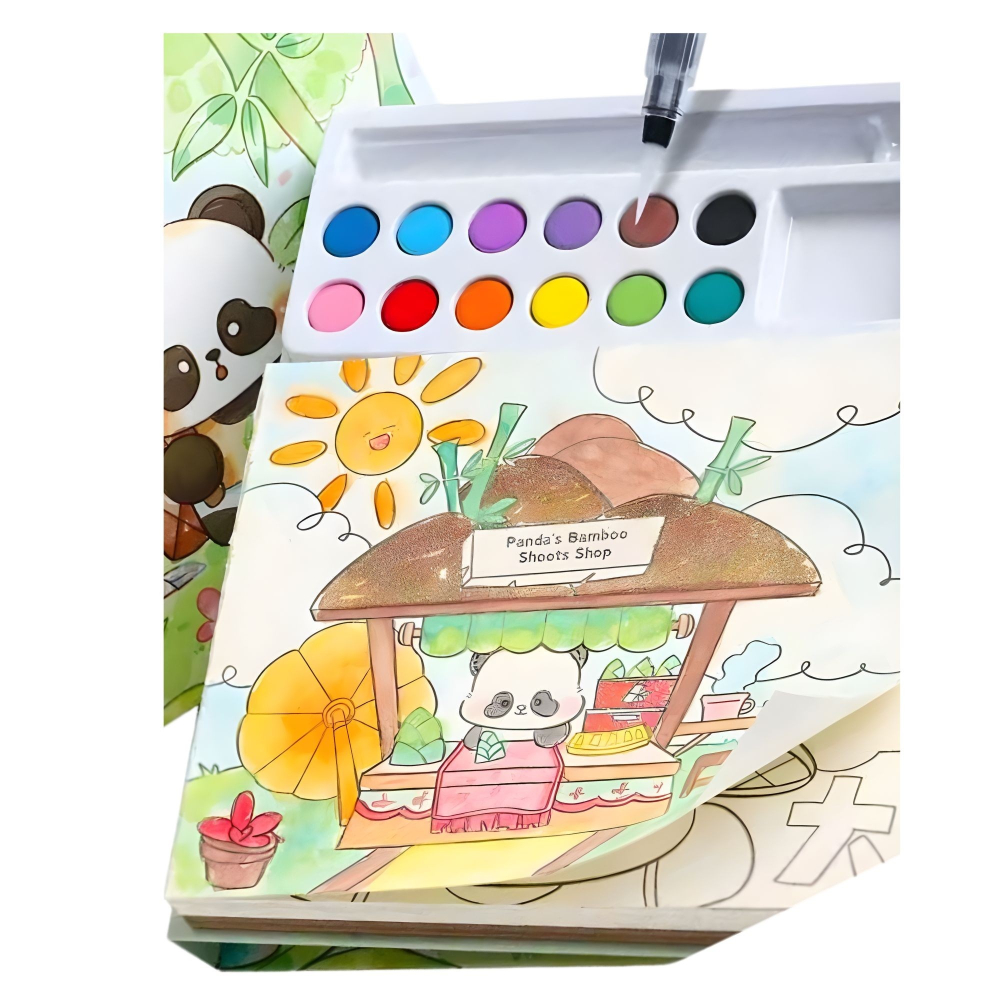 Carte creativa pentru colorare si pictura, model panda, acuarele incorporate 12 culori, pensula cu apa, activitate educativa pentru copii [7]