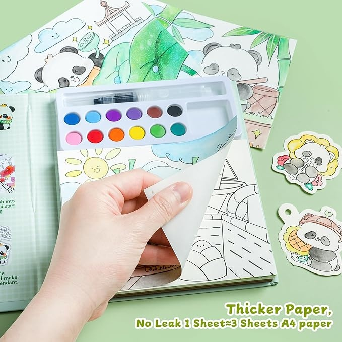 Carte creativa pentru colorare si pictura, model panda, acuarele incorporate 12 culori, pensula cu apa, activitate educativa pentru copii [2]