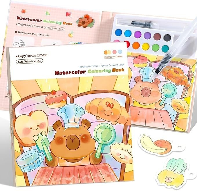 Carte de colorat maro 15.7 x 18.8 x 1.8 cm, model capibara pentru copii, 20 foi carton, 12 acuarele, pensula cu rezervor de apa, set creativ pentru pictura [7]