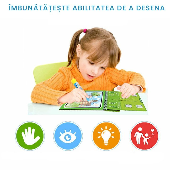 Carte de colorat multicolor cu apa, 8 pagini reutilizabile, alfabet si cifre, pix reincarcabil, joc educativ copii 3 ani+, activitate creativa Magic Book [4]