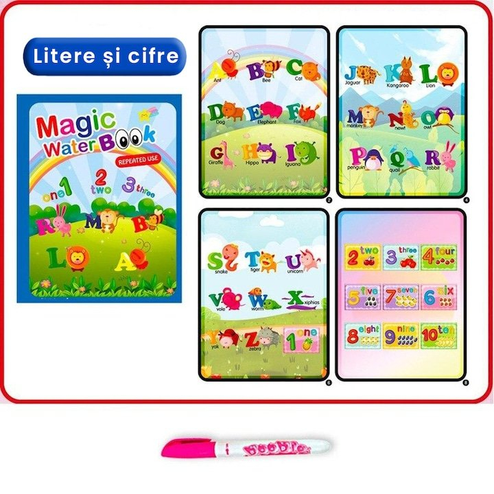 Carte de colorat multicolor cu apa, 8 pagini reutilizabile, alfabet si cifre, pix reincarcabil, joc educativ copii 3 ani+, activitate creativa Magic Book [6]