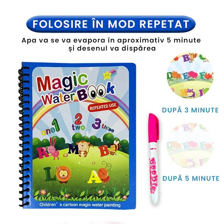 Carte de colorat multicolor cu apa, 8 pagini reutilizabile, alfabet si cifre, pix reincarcabil, joc educativ copii 3 ani+, activitate creativa Magic Book [7]