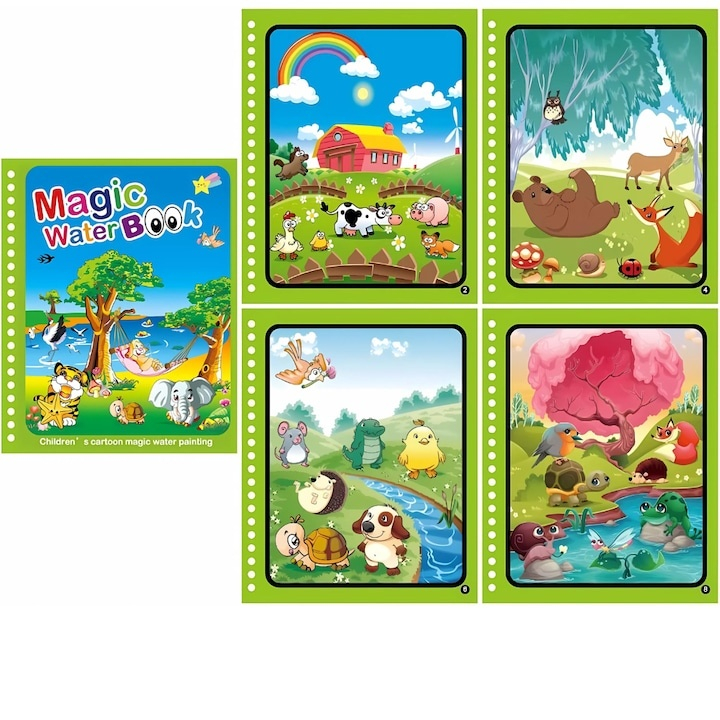 Carte reutilizabila de colorat, model animale, 8 pagini, 19 x 15.5 cm, marker cu apa inclus, caiet educativ cu spirala pentru copii 3+ ani [8]