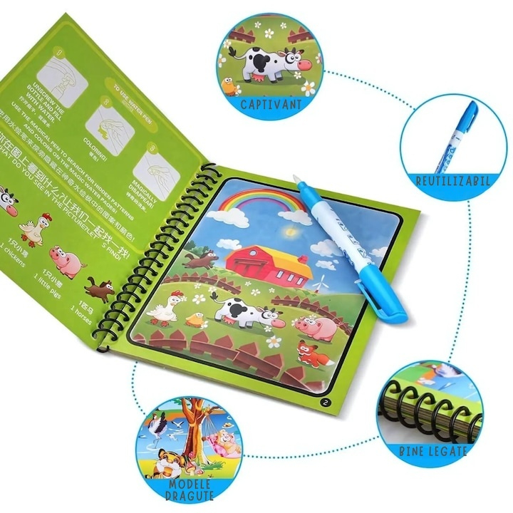 Carte reutilizabila de colorat, model animale, 8 pagini, 19 x 15.5 cm, marker cu apa inclus, caiet educativ cu spirala pentru copii 3+ ani [7]