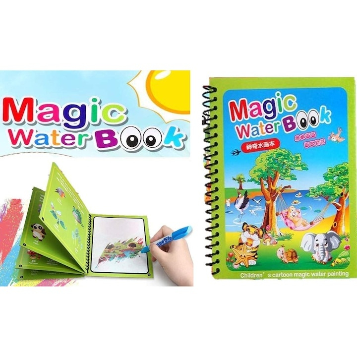 Carte reutilizabila de colorat, model animale, 8 pagini, 19 x 15.5 cm, marker cu apa inclus, caiet educativ cu spirala pentru copii 3+ ani [14]