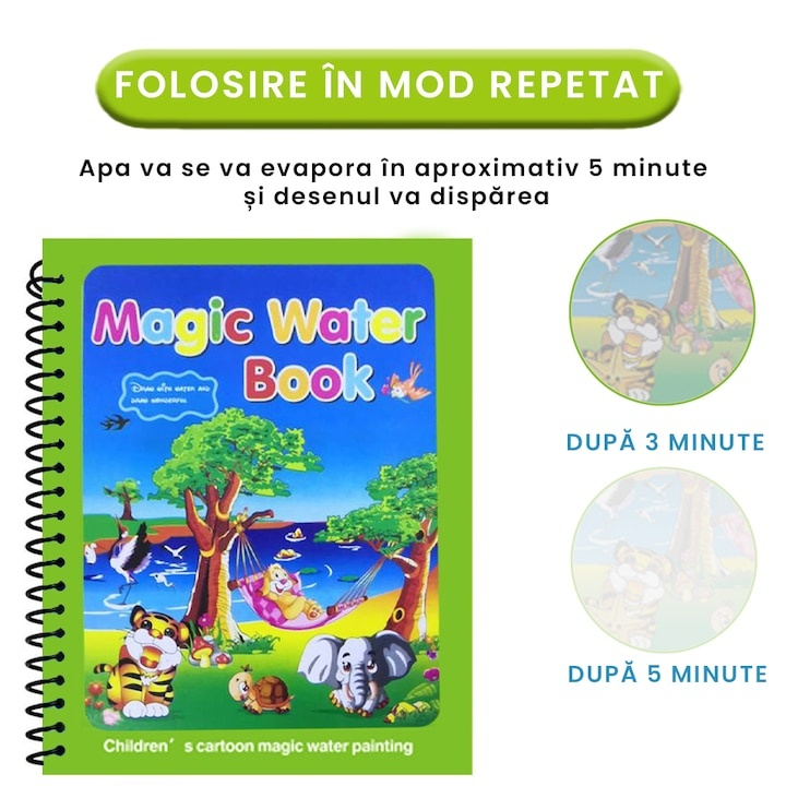 Carte reutilizabila de colorat, model animale, 8 pagini, 19 x 15.5 cm, marker cu apa inclus, caiet educativ cu spirala pentru copii 3+ ani [10]